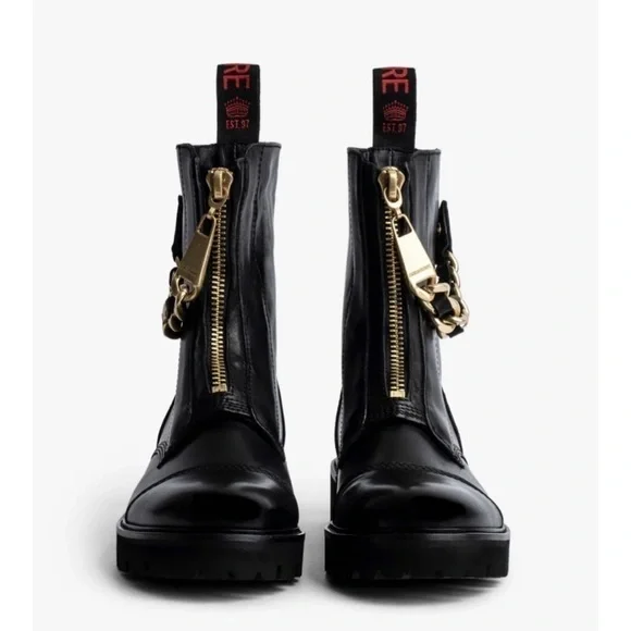 Zadig & Voltaire Joe Cecilia leather combat moto boots with gold chain NWT 37/6 - Picture 4 of 17